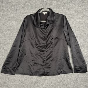 Barefoot Dreams Size XS Satin Button Up Pajama Shirt Black Polyester Long Sleeve